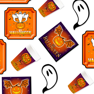 DAMAI Ghost and Pumpkin Theme Disposable Paper Plates Cups and Napkins for Halloween Party Supply - Product Image 2