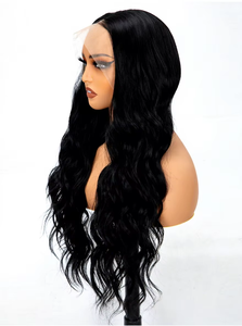 Perruque synthétique à double trame, à l'avant en dentelle, noire, longue, lisse/ondulée, <span class=keywords><strong>avec</strong></span> raie libre, raie au milieu, sans <span class=keywords><strong>frange</strong></span>, résistante à la chaleur, vente en gros - Product Image 5