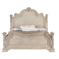 Französisches Massivholz-Bettgestell mit Handgeschnitztem Gewölbtem Kopfteil, Antik Distressed, King/Queen Size, Schlafzimmer-Paneelbett