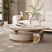 Ensemble de table basse moderne en chêne et pierre avec plateau en verre et rangement pour le salon