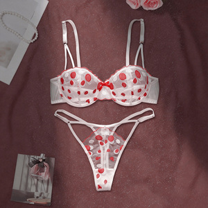 여성용 화이트 레드 물방울 무늬 시스루 리본 라이트 컨트롤 친환경 2피스 란제리 세트 시스루 브라 팬티 나이트웨어 - Product Image 1