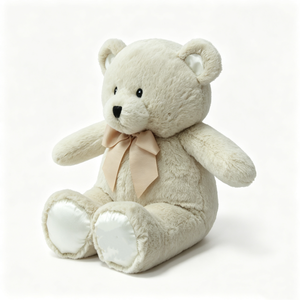 Oso de peluche personalizado color crema con detalles en satén, oso de peluche en pose sentada con corbatín, oso de peluche con almohadillas de satén en las patas - Product Image 4