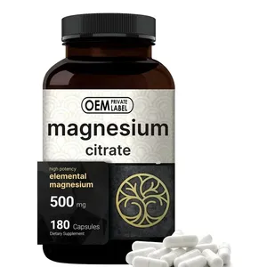Supplément de magnésium pur de marque privée OEM Supplément de soutien du cœur, des muscles et de la digestion Citrate de magnésium Capsule de 500mg