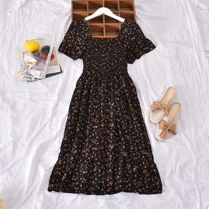 Nouvelle Robe d'été style coréen rétro polyvalente à col carré, imprimé floral, taille cintrée, effet amincissant, ourlet à volants, coupe <span class=keywords><strong>Empire</strong></span> et ligne A - Product Image 5