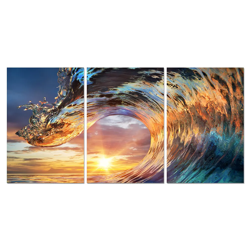 Factory Direct Crystal Clear Waves Sunset Natural Waterproof Framed Acrylic Canvas Painting Wall Decoration for Wall