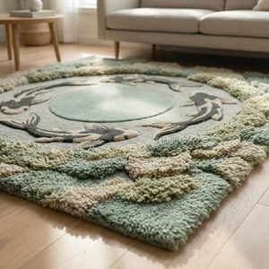 3D Sage Koi Pond Wool <b>Rug</b> with Hand Tufted Moss Texture and Fish Artwork for Bedroom Living Room <b>Nursery</b> Kids Space Playroom - Product Image 6