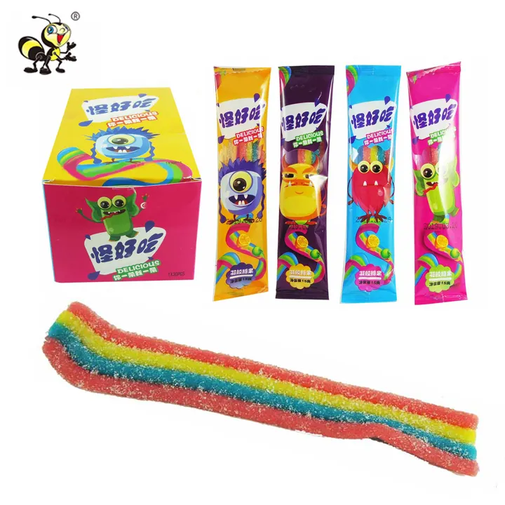 Hot selling Halal confectionery wholesale rainbow coated sugar sour belts strips yummy gummy candy