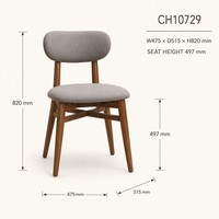 Chaise de salle à manger moderne, structure en bois massif couleur noyer, assise et dossier arrondis en tissu gris, pour usage en café.