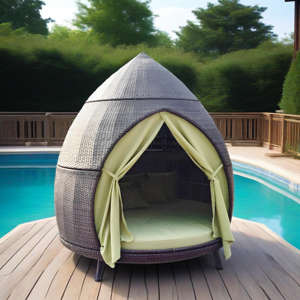 Chaise longue en rotin pour l'extérieur Lit d'extérieur à baldaquin imperméable pour la <span class=keywords><strong>piscine</strong></span> Cabine patio avec rideau Lit rond de grande taille - Product Image 1