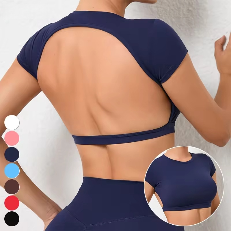 Quick-Drying Tight-Fitting Sports Yoga Top Fashionable Fitness Sexy Hollow Out Back Short Sleeves T-shirt Without Chest Pad