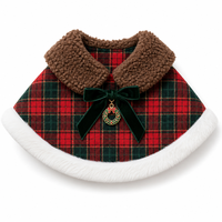 Cape de Noël à carreaux pour animaux de compagnie avec col en fausse fourrure, nœud en velours et breloque couronne pour chat et petit chien – Costume de fête