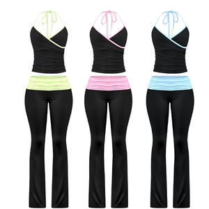 Conjunto de pantalones acampanados plegables, cintura personalizada, entrenamiento, mallas de pierna ancha, ropa de algodón, conjunto de dos piezas de verano para mujer, conjuntos de ropa de descanso - Product Image 1