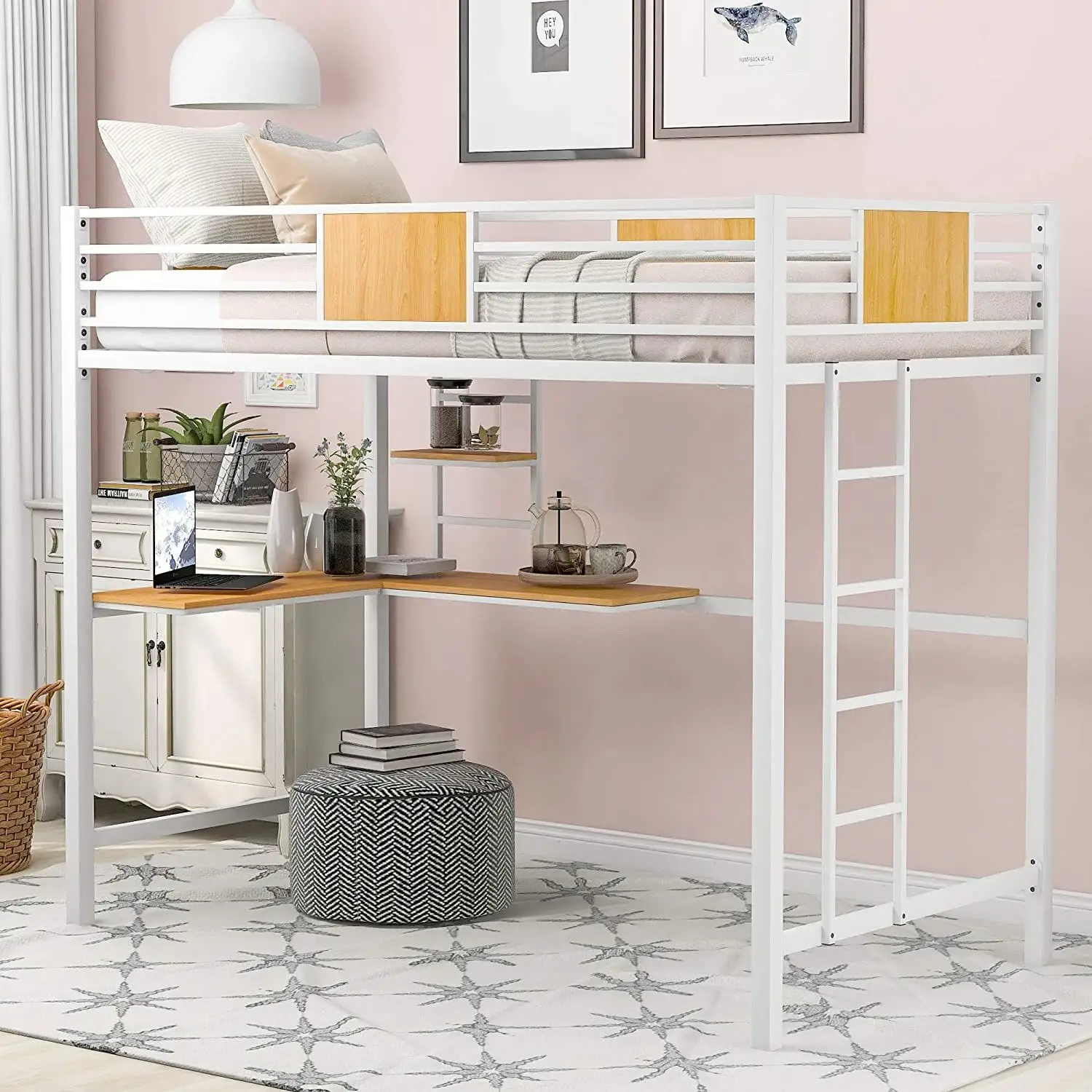 Frame School Apartment Furniture College Dorm Modern Adult Queen Size Loft Bunk Metal Bed With Desk And Shelf