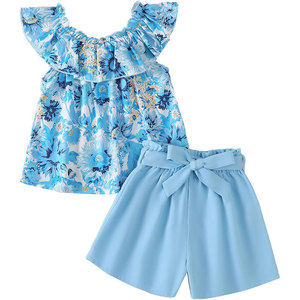 Conjunto <span class=keywords><strong>de</strong></span> <span class=keywords><strong>Ropa</strong></span> <span class=keywords><strong>de</strong></span> Verano <span class=keywords><strong>para</strong></span> <span class=keywords><strong>Niñas</strong></span>, 2 Piezas, con Top con Volantes Hawaianos y Pantalones Cortos con Cinturón Floral - Product Image 4