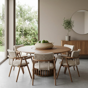 Juego de Comedor Redondo de Madera de Teca Escandinava de Lujo con Sillas con Brazos de Cuerda, Muebles Modernos para Comedor de Hotel y Restaurante - Product Image 2