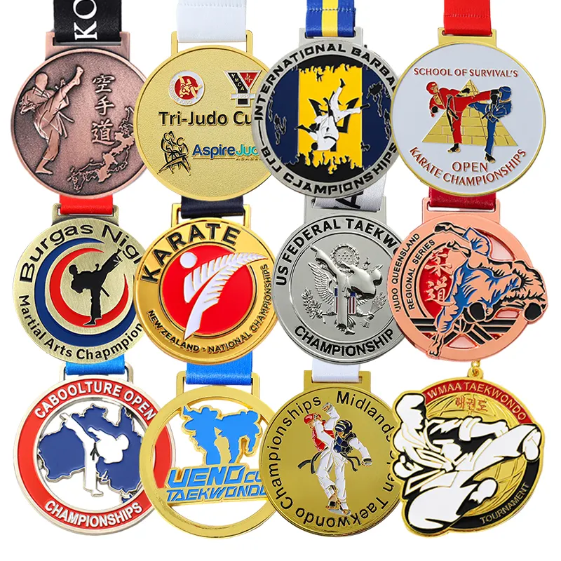 Medalha de metal de liga de zinco esmaltado ouro Kung Fu Taekwondo Karate 2d 3D Boxe Wkf Bjj Jiu Jitsu Medalhas esportivas de Judo