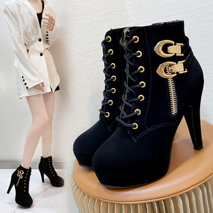 Bottines à talons hauts et épais pour femmes, noires, à brides croisées, bout rond, pour femmes - Product Image 2