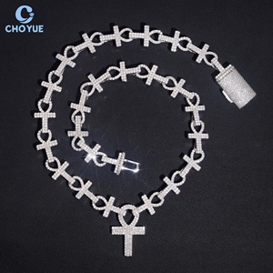 Collar Personalizado de Plata de Ley S925 con Cruz Ankh de Moissanita VVS, Estilo Iced Out, Cadena Cubana con Llave de la Vida Egipcia, Unisex - Product Image 1