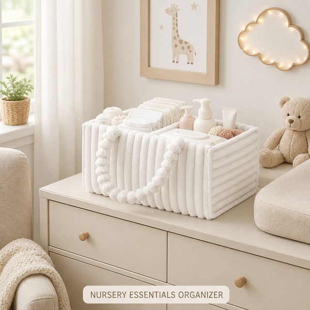 White Modern Rectangle Plush Diaper Caddy 3 Compartment Baby Storage Basket Pompom Handle Nursery Organizer