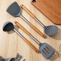 Set Peralatan Masak Silikon Gagang Kayu, Spatula Silikon Anti Panas Tahan Panas, Sendok Pengaduk Anti Lengket