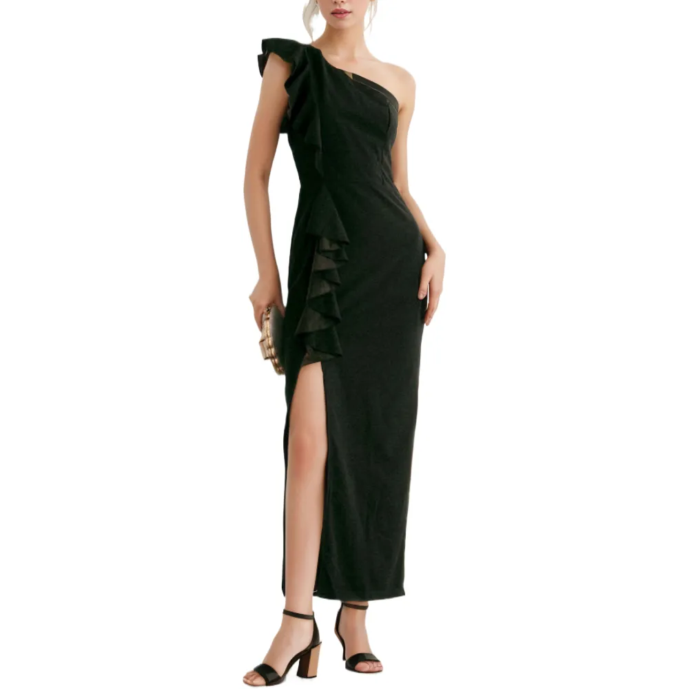 कस्टम लेडी फैशन समर सिंगल ऑफ शोल्डर रफल्स स्लिट ड्रेस सॉलिड कलर लंबी सुरुचिपूर्ण फाल्बाला कैजुअल पार्टी मैक्सी ड्रेस