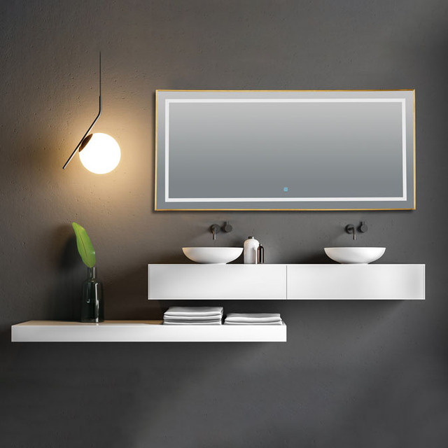 High Quality Golden Frame Waterproof Smart Touch Wall Hanging LED Fog Free Bathroom Light Led Mirror