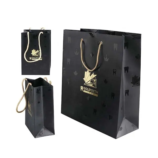Manufacturer Custom Personalized Printed Gold Foil LOGO Luxury Black Gift Bags Shopping Cardboard Paper Bags