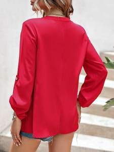 Nueva Camisa de Mujer a la Moda con Cuello en V, Estilo Casual, Manga Larga, Color Sólido, con Botones, Talla Grande, Holgada - Product Image 6