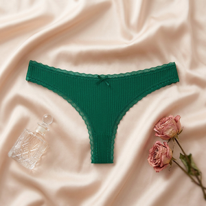Braguitas de encaje acanaladas de algodón transpirable para mujer al por mayor, bragas de talle bajo de talla grande con lazo - Product Image 4