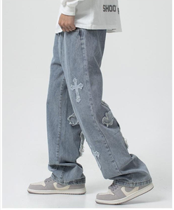 Vaqueros Hip-hop Estilo Europeo Americano con Parches Cruzados para Hombre, Pantalones Anchos Rectos y Holgados de Poliéster a la Moda - Product Image 2