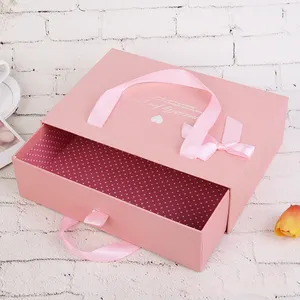Caixa de presente portátil com gaveta rosa fofa para venda por atacado caixa de jóias com laço de fita caixa de embalagem