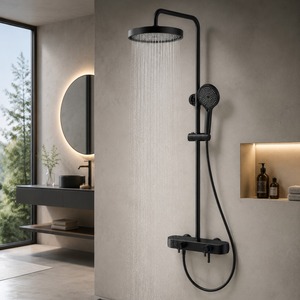Wall Mount Matte Black Rain <b>Shower</b> Set With <b>Slide</b> Bar And Handheld Showerhead 37.6in Brass Minimalist Design Bathroom Faucet - Product Image 4
