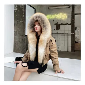 Mais recente estilo da moda cropped raposa forro jaqueta de pele feminina parka de pele real