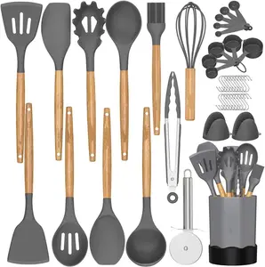 Juego de utensilios de cocina de silicona, mangos de madera, pinzas giratorias de silicona, espátula, cuchara, utensilios de cocina antiadherentes