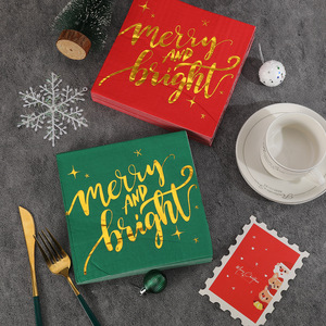 Merry And Bright Christmas Napkins Square 330mm Red Green Gold Foil Party Tableware Decorations - Product Image 1