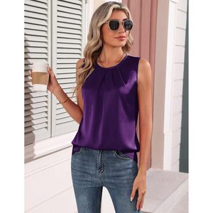FOXA Camiseta sin mangas de satén de seda para mujer, cuello redondo, plisada, sin mangas, blusa informal de verano para el trabajo - Product Image 4