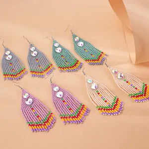 2024 nouveau Boho bijoux coeur strass délicat Miyuki lustre à la main longue goutte rocaille perle boucles d'oreilles