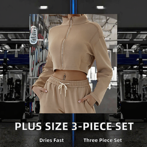 Custom Logo Zipper Three-Piece Solid <b>Workout</b> Set Breathable Quick Dry Gym Crop <b>Jacket</b> Sweatpants Women's Plus Size Jogging Yoga - Product Image 2