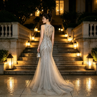 Robe de soirée sirène argentée sans manches, ornée de perles et de strass faits à la main, en dentelle et tulle, longue, pour bal de promo, mariage ou fête, avec traîne naturelle
