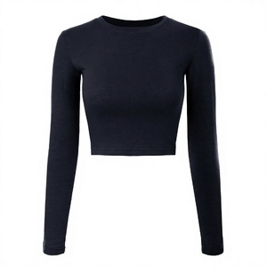 Camiseta corta de manga larga para mujer, cuello redondo acanalado, ajuste ceñido, color liso, tejido de punto, ropa casual, top corto, camisetas para mujer - Product Image 2
