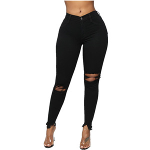 <span class=keywords><strong>Pantalones</strong></span> de Moda <span class=keywords><strong>con</strong></span> Cintura Alta y Rasgados <span class=keywords><strong>para</strong></span> Mujer, Color Puro, Ajustados, Elásticos, Casuales, Lavados, Desgastados, Largos hasta el Tobillo - Product Image 1