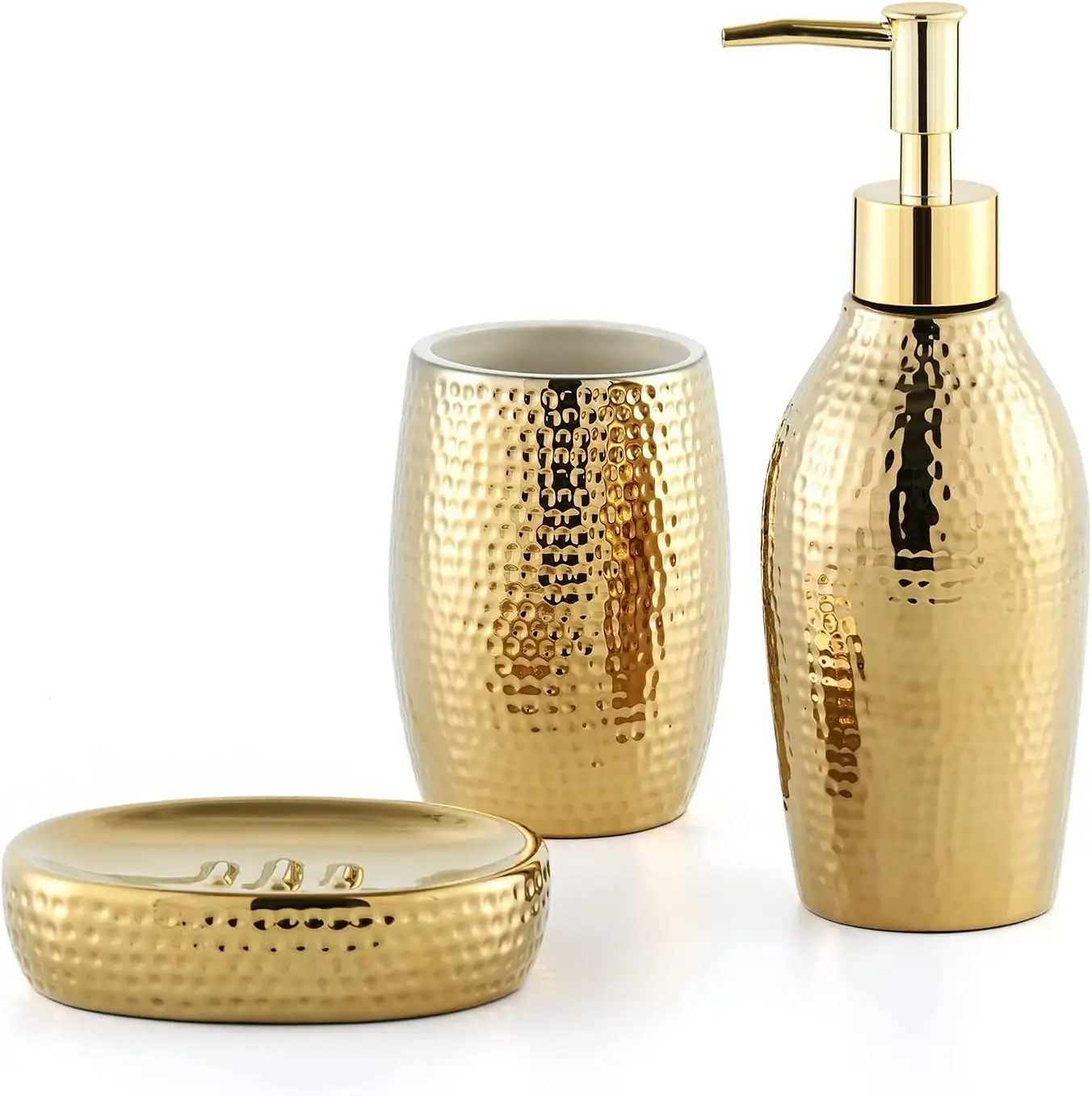 Gold Ceramic Bathroom Accessories Set 3 Piece Decorative Porcelain Bath Set with Lotion Soap Dispenser for Home Decor