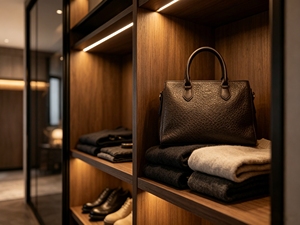 Armoire coulissante en verre de luxe moderne avec éclairage LED, système de <span class=keywords><strong>dressing</strong></span> sur mesure en noyer pour rangement de chambre - Product Image 3