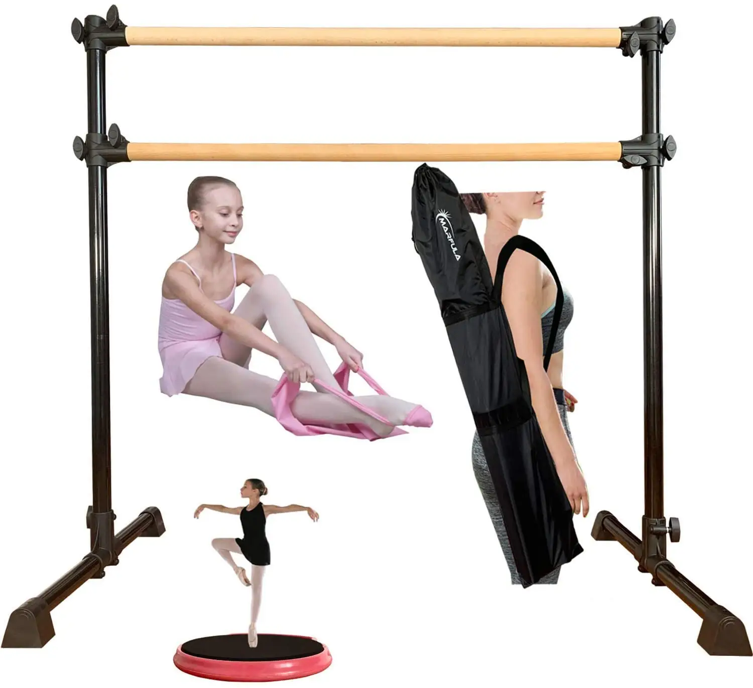 Marfula Draagbare Dubbele Vrijstaande Balletbar In Hoogte Verstelbare Fitness Stretch/Dansbar Gemaakt Hout Custom Logo Cn Plug Type