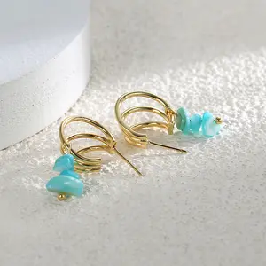 Turquoise Boho C-Shaped Huggies Hoop Earrings Women's Brass Gold Plated Ins Wind Turquoise Vintage Earrings