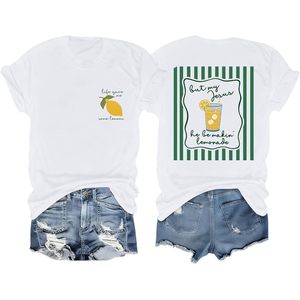 T-shirt pour femme FOXA, motif Lemonade Jesus, en coton respirant, jersey à manches régulières, blanc, design mignon avec fruits - Product Image 1