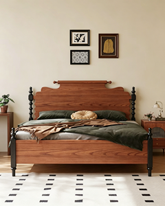 Premium Solid Wood <b>Bed</b> Frame French Vintage Wavy <b>Headboard</b> Black Turned Legs Stable Bedroom Furniture Home Guest Room Wooden Dou - Product Image 1