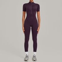Combinaison de yoga moulante à col montant et demi-zip à manches courtes pour femme, idéale pour la gym, le Pilates et le fitness