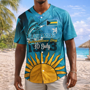 Camiseta de Béisbol del Día de la Independencia de las Bahamas, 10 de Julio, con Estampado Personalizado de la Bandera de las Bahamas, Pez Marlín Azul Bahamense y Hibisco - Product Image 1