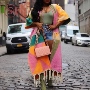 Poncho Vintage Cálido con Borlas Coloridas para <span class=keywords><strong>Mujer</strong></span>, Chales Largos de <span class=keywords><strong>Manga</strong></span> de Murciélago, Bufandas, Chal, Abrigo Largo, Cárdigan, Invierno - Product Image 2